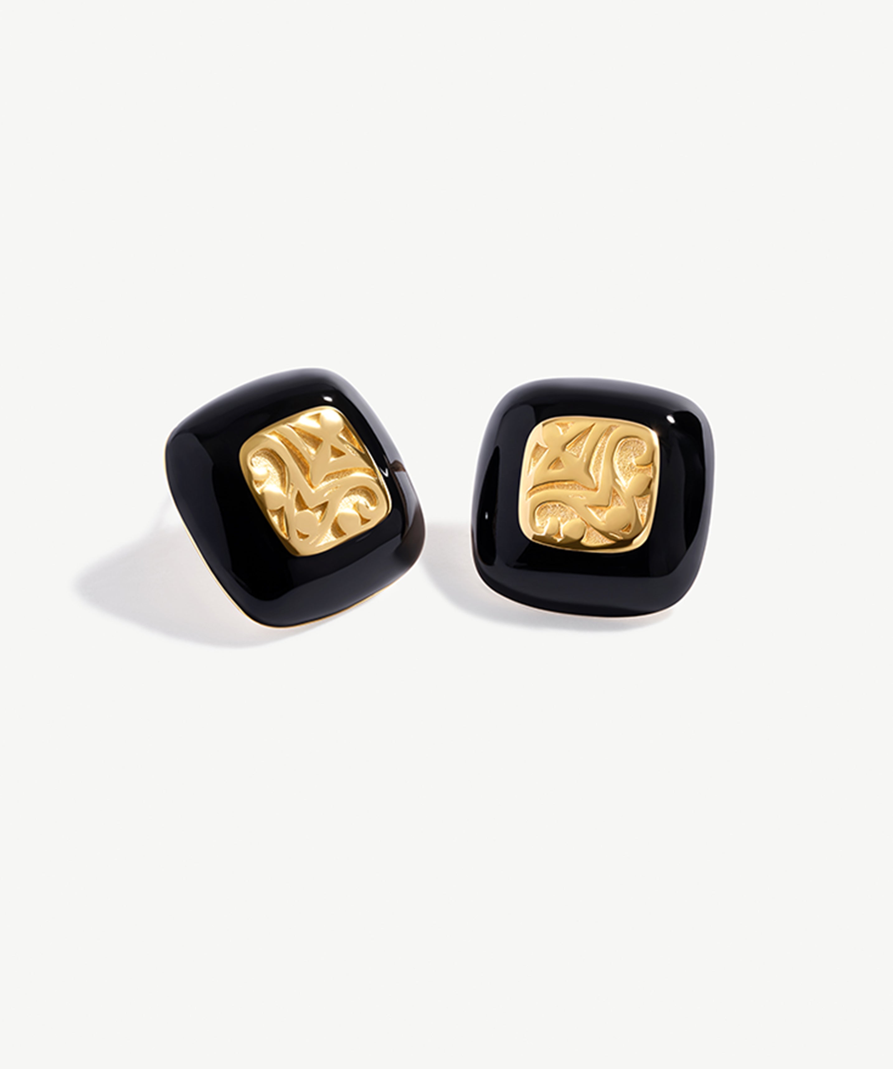 Black Enamel and Gold Carved Stud Earrings with 18K Gold Plated on Sterling Silver | MaiaMina