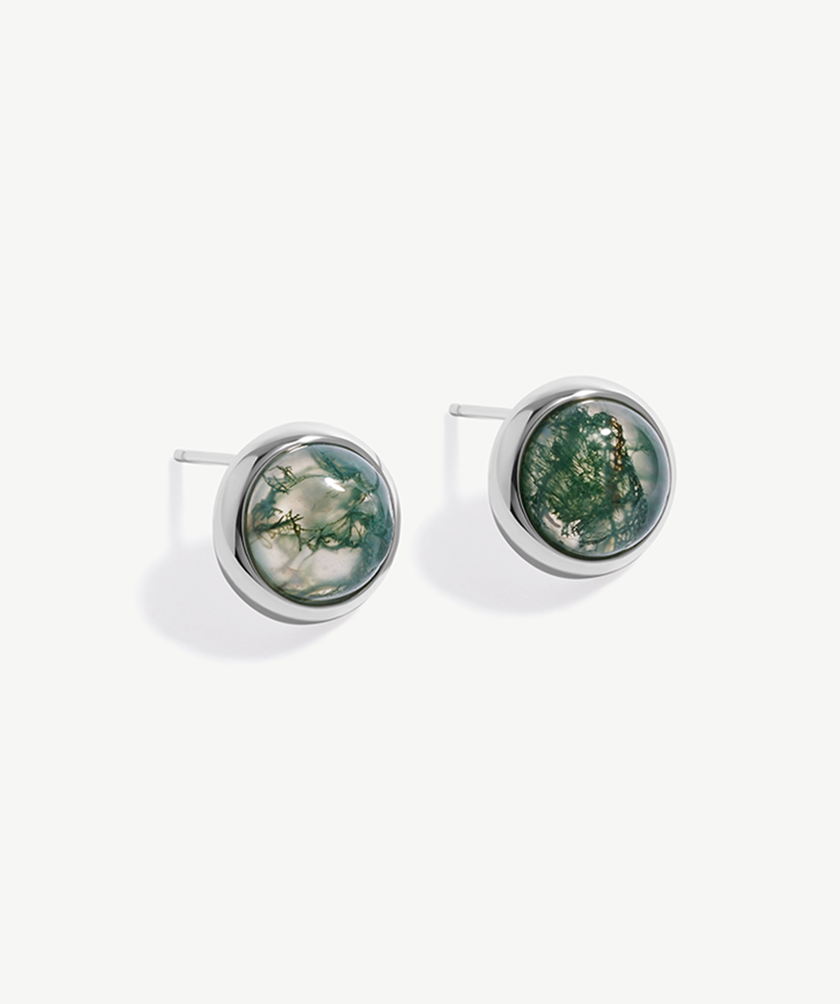 Natural Moss Agate and Rhodium Plated Recycled Sterling Silver Stud Earrings | Unique Women's Jewelry | MaiaMina