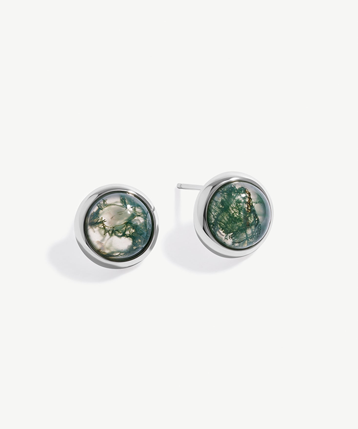 Natural Moss Agate and Rhodium Plated Recycled Sterling Silver Stud Earrings | Unique Women's Jewelry | MaiaMina