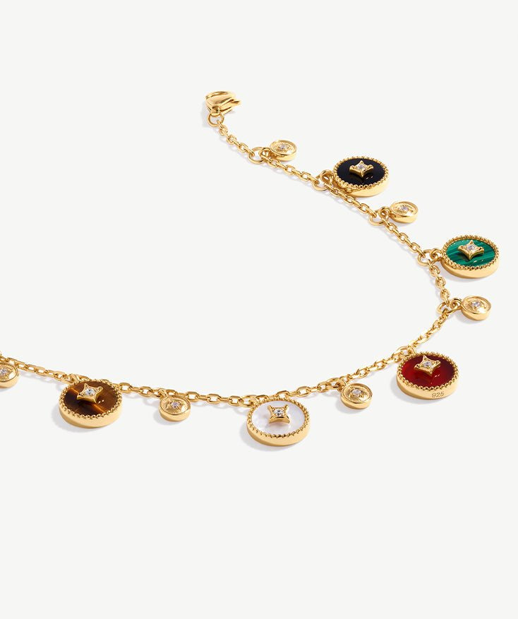 Elegant Multistone Bracelet with White Mother-of-Pearl, Malachite, Tiger’s Eye, Red Agate, and Black Agate | MaiaMina