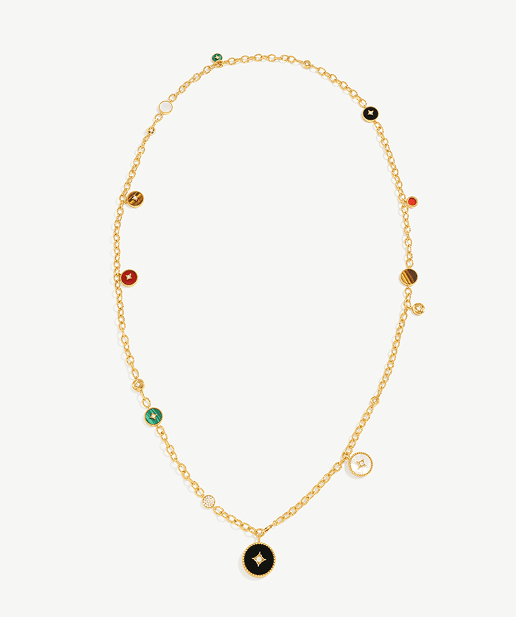 Elegant Multi-Way Necklace with White Mother-of-Pearl, Malachite, Tiger’s Eye, Red Agate, and Black Agate | MaiaMina