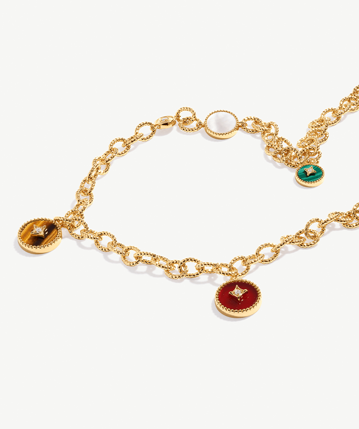 Elegant Multi-Way Necklace with White Mother-of-Pearl, Malachite, Tiger’s Eye, Red Agate, and Black Agate | MaiaMina