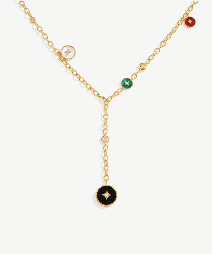 Elegant Multi-Way Necklace with White Mother-of-Pearl, Malachite, Tiger’s Eye, Red Agate, and Black Agate | MaiaMina