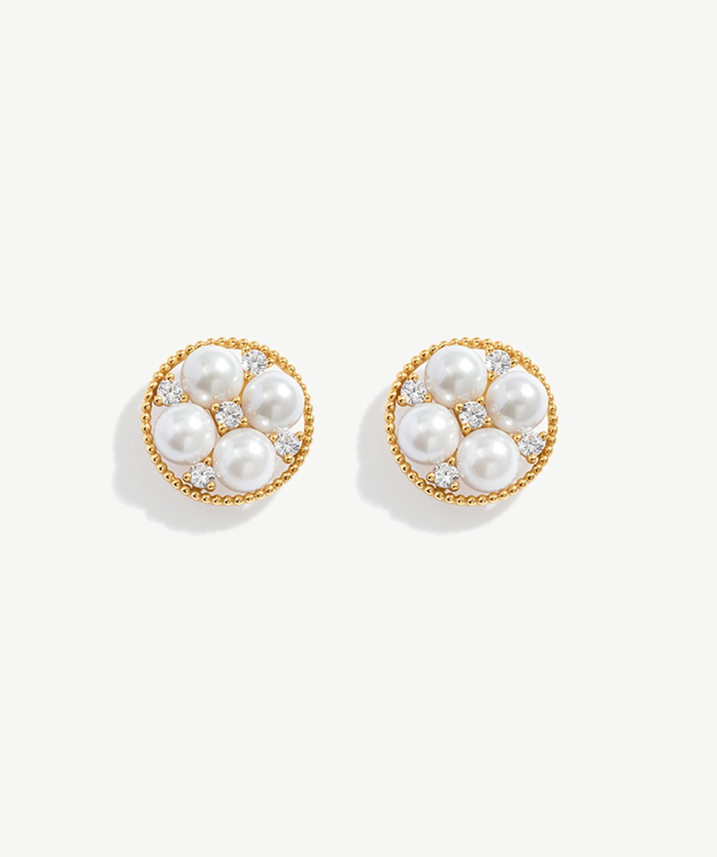 Elegant Pearl and Zircon Stud Earrings with Gold Beaded Edge | MaiaMina