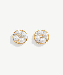 Elegant Pearl and Zircon Stud Earrings with Gold Beaded Edge | MaiaMina