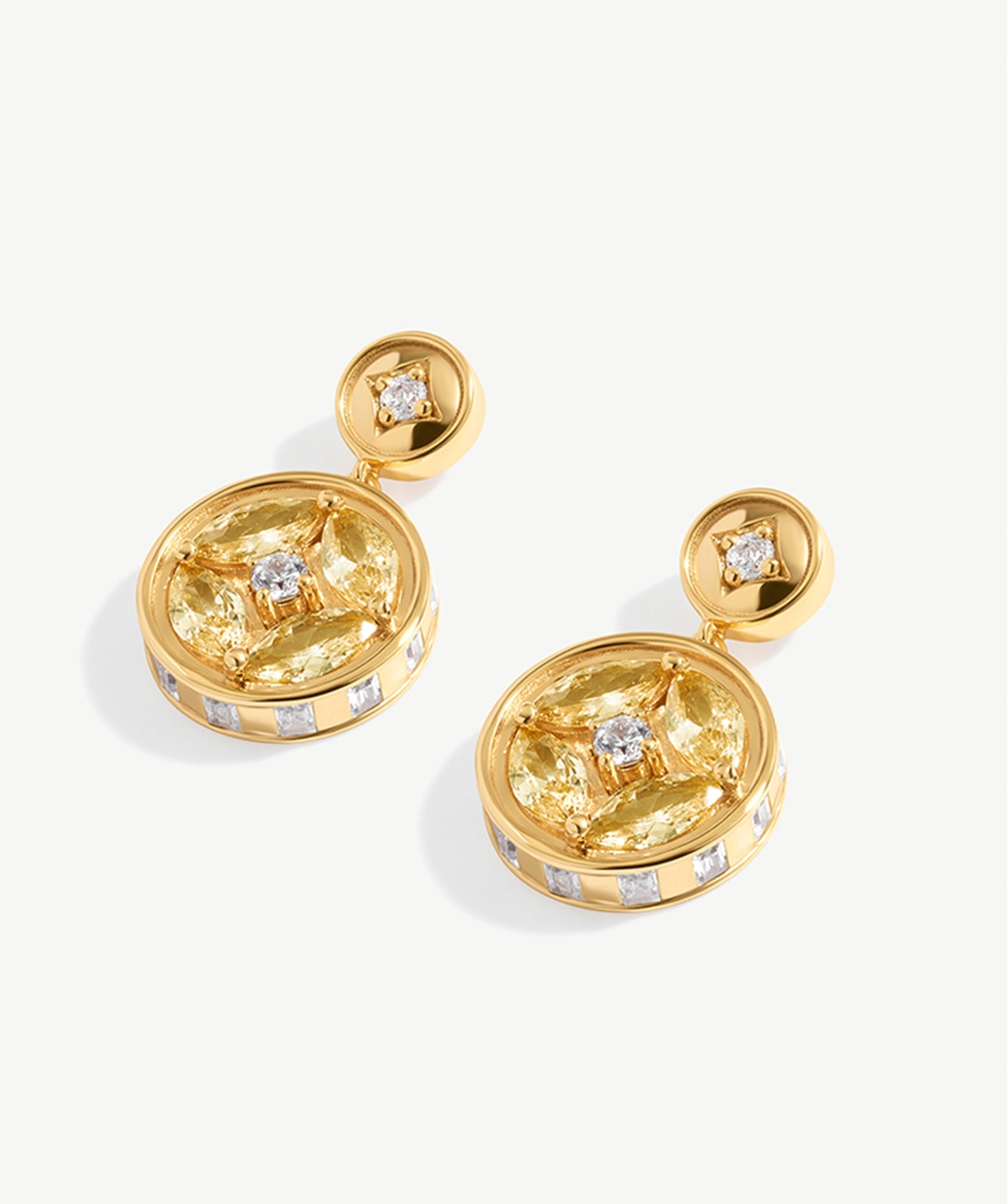 Elegant Gold Drop Earrings with Champagne Marquise Stones and Coin Design | MaiaMina