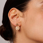 Elegant Gold Drop Earrings with Champagne Marquise Stones and Coin Design | MaiaMina