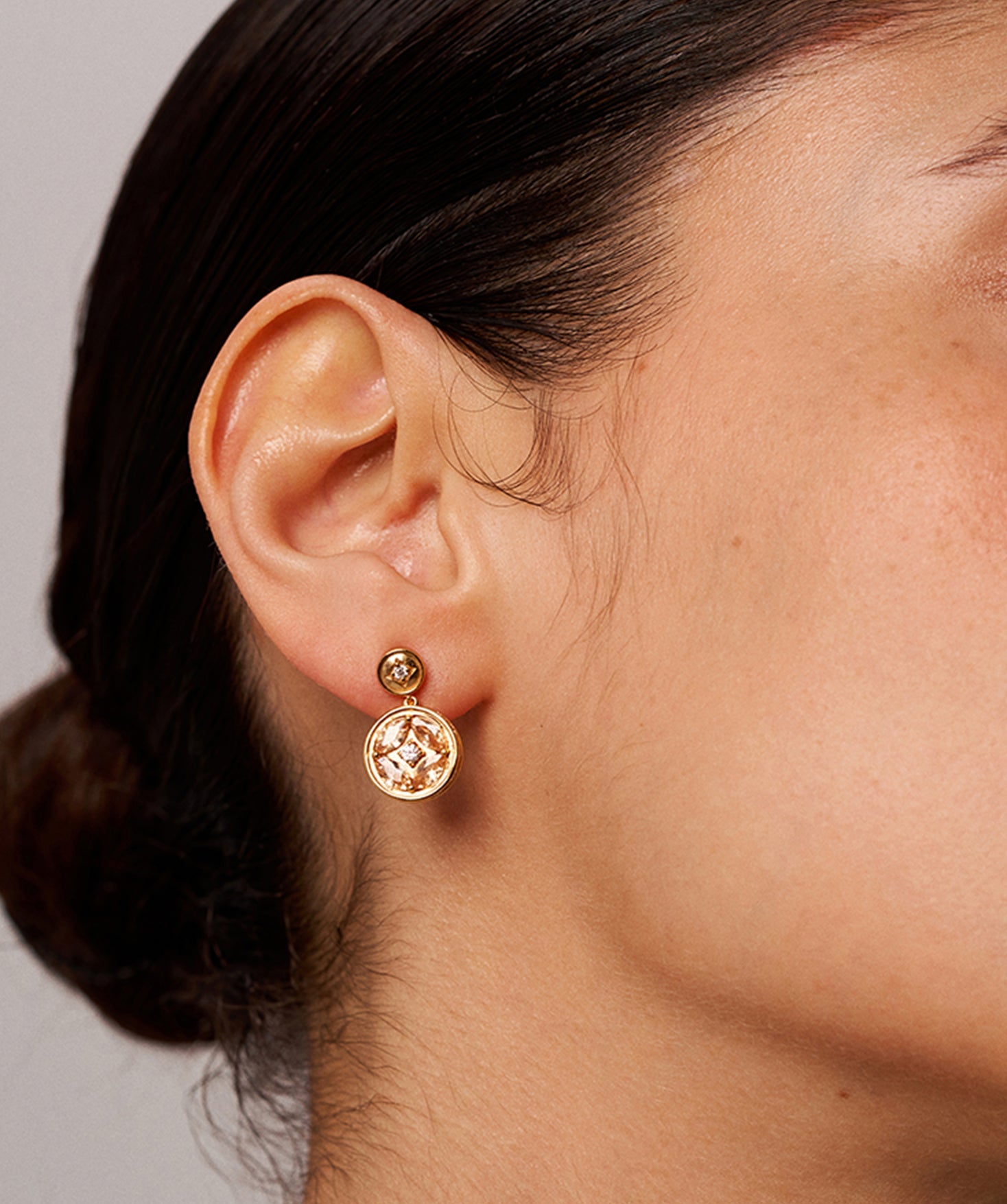 Elegant Gold Drop Earrings with Champagne Marquise Stones and Coin Design | MaiaMina