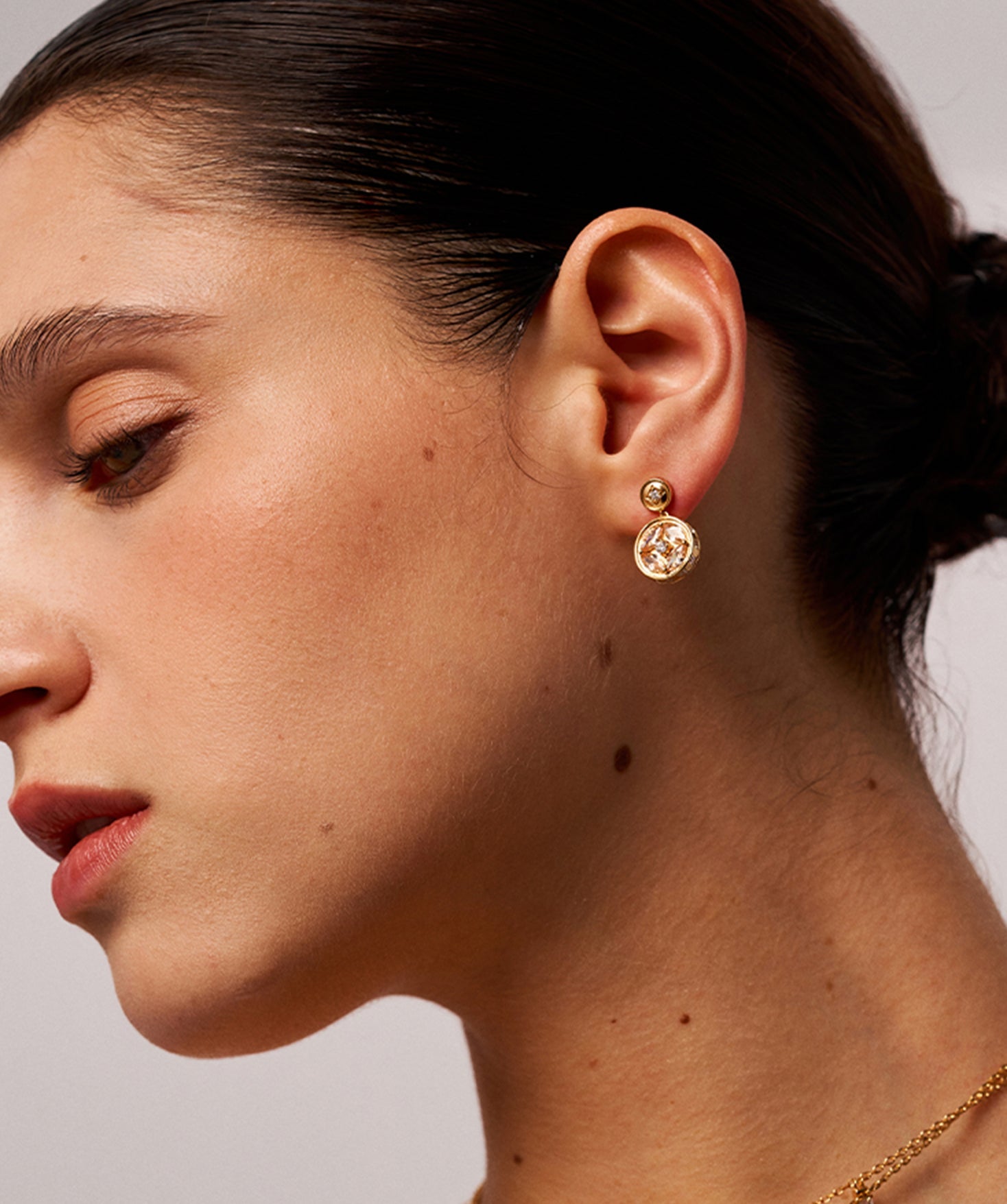 Elegant Gold Drop Earrings with Champagne Marquise Stones and Coin Design | MaiaMina