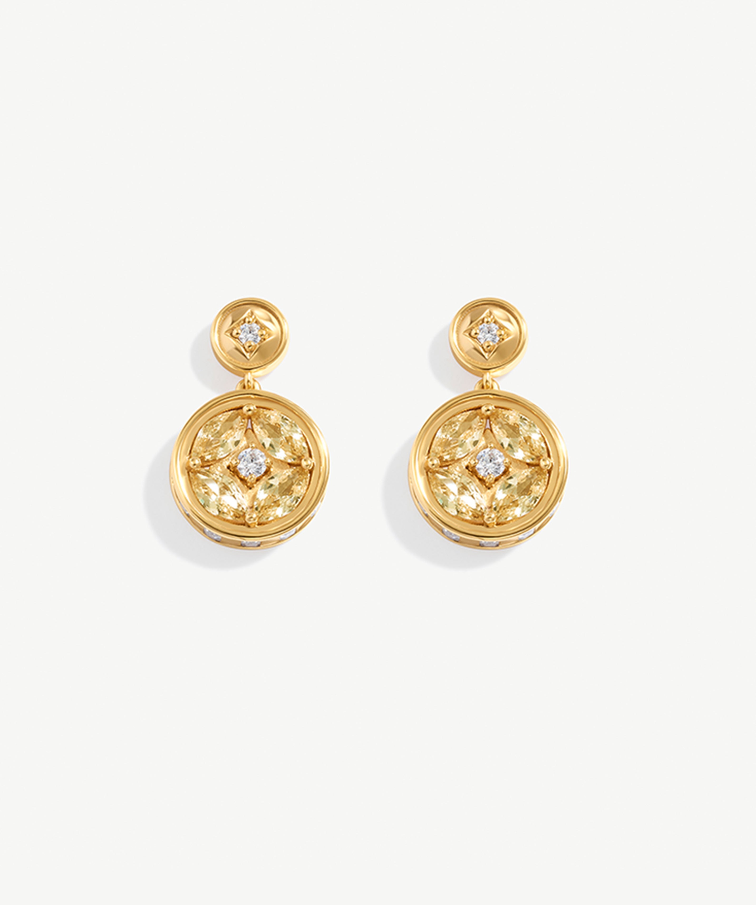 Elegant Gold Drop Earrings with Champagne Marquise Stones and Coin Design | MaiaMina