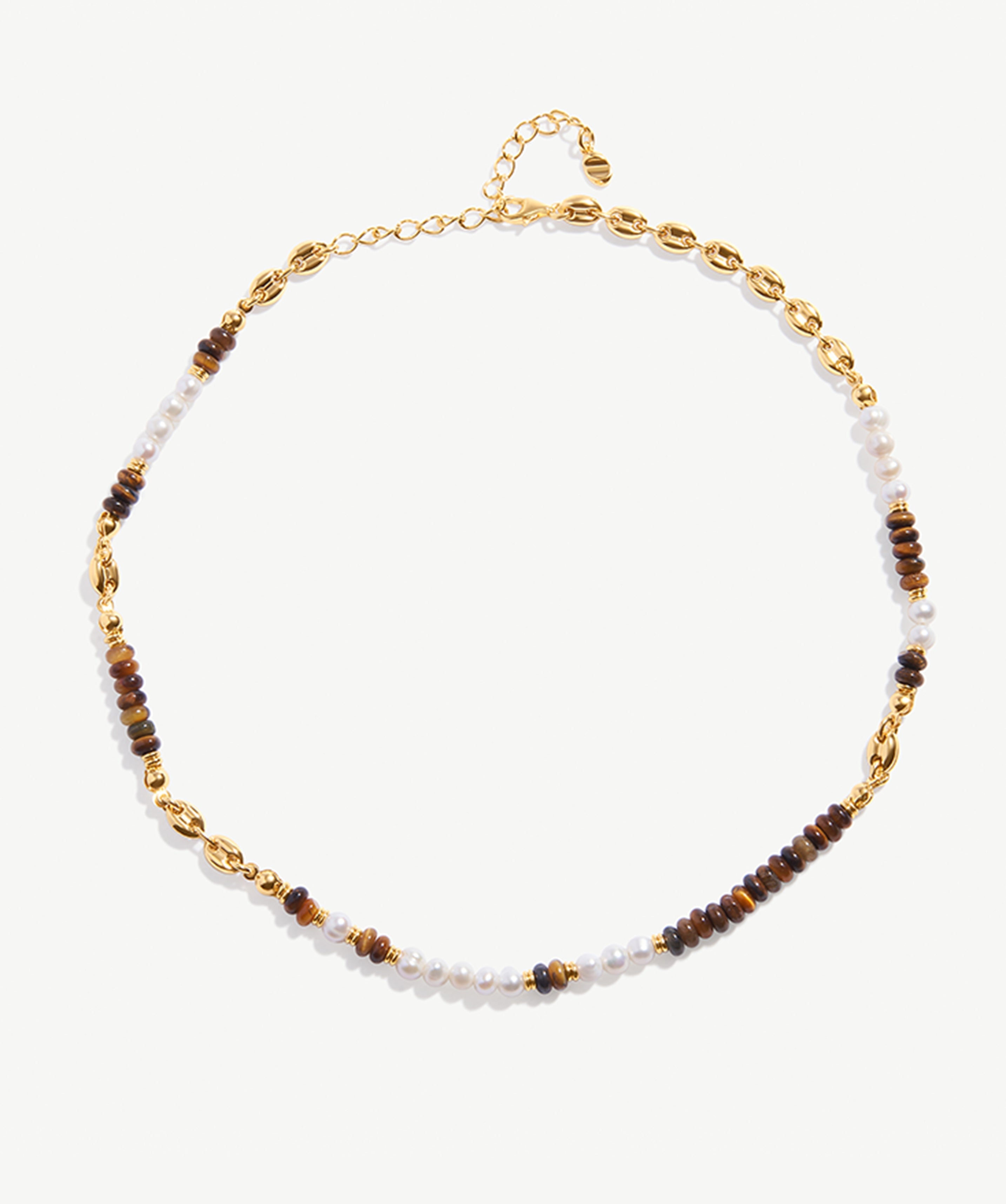 Tiger's Eye, Pearl, and 18K Gold Plated Sterling Silver Beaded Necklace | Elegant Women's Jewelry | MaiaMina