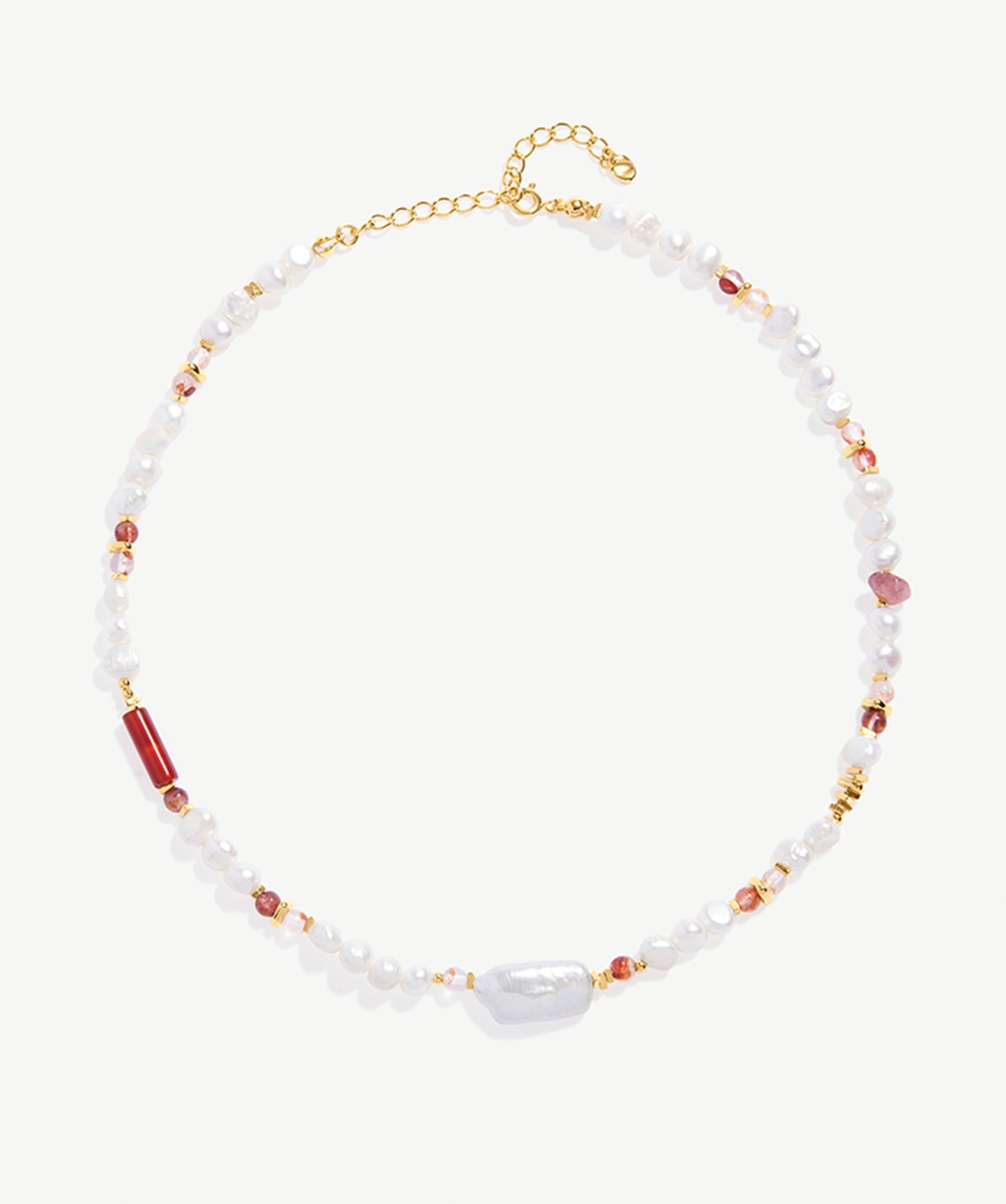 Pearl and Strawberry Quartz Beaded Necklace with 18K Gold Plated Accents | Elegant Women's Jewelry | MaiaMina