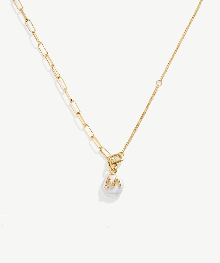 Personalized Initial Paperclip Necklace, 18K Gold Plated Baroque Pearl A-Z Letter Pendant Necklace for Women | MaiaMina 