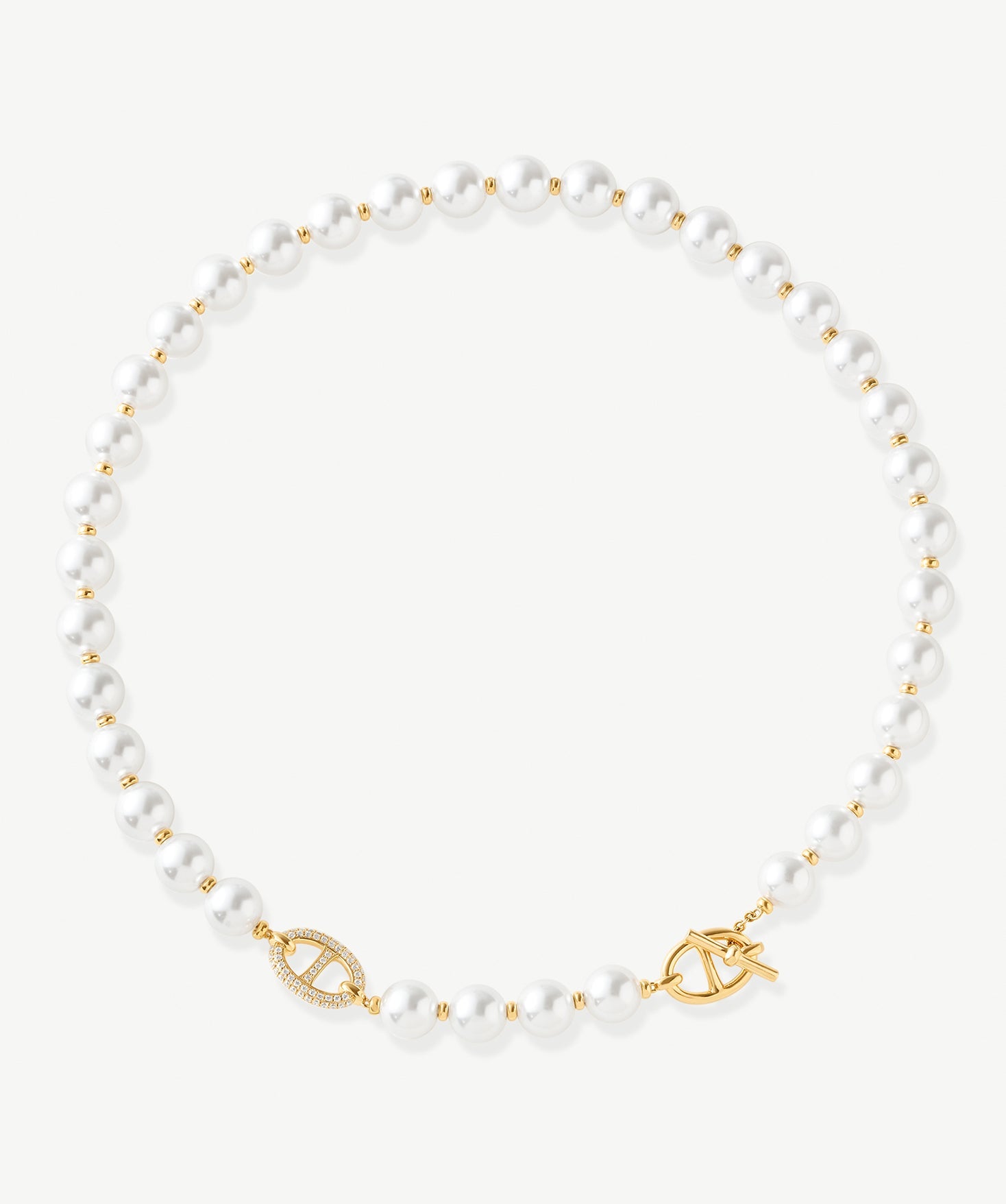 18K Gold Plated Pearl Necklace with Pave Mariner T-Bar - Elegant Everyday Jewelry | MaiaMina