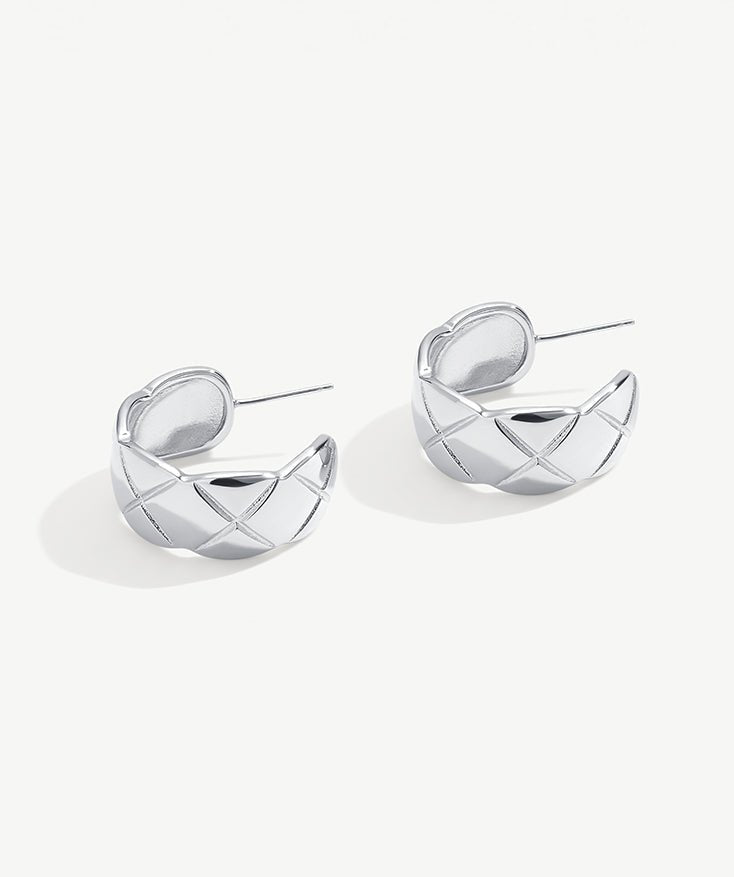 Chunky Hoop Earrings, Waffle Huggie Earrings with Rhodium Plated on Sterling Silver | MaiaMina 