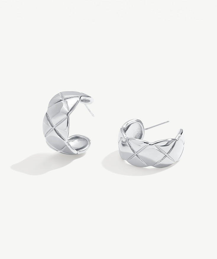 Chunky Hoop Earrings, Waffle Huggie Earrings with Rhodium Plated on Sterling Silver | MaiaMina 