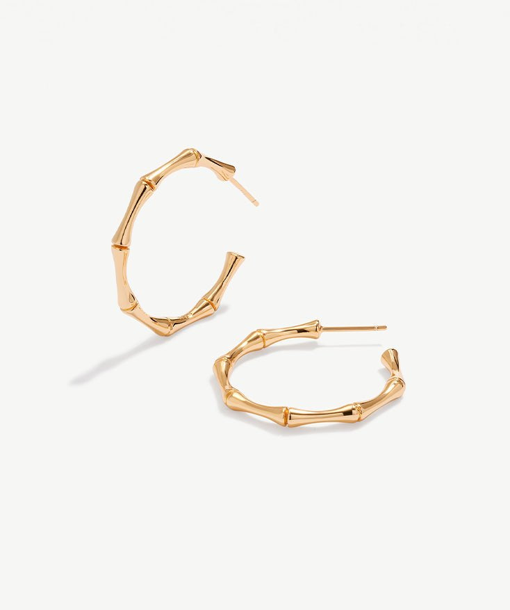 Gold Bamboo Hoop Earrings, 18K Gold Plated Vermeil on Sterling Silver Medium Open Hoops for Women | MaiaMina