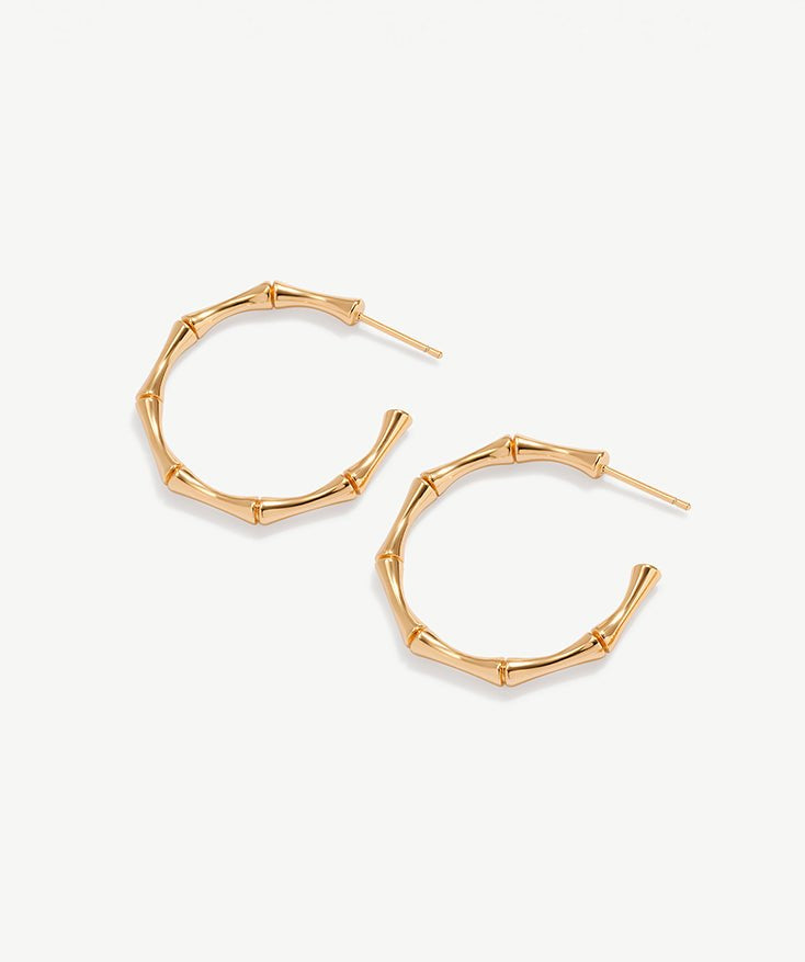 Gold Bamboo Hoop Earrings, 18K Gold Plated Vermeil on Sterling Silver Medium Open Hoops for Women | MaiaMina