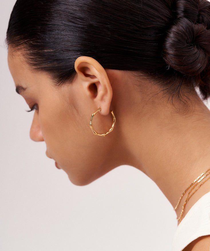 Gold Bamboo Hoop Earrings, 18K Gold Plated Vermeil on Sterling Silver Medium Open Hoops for Women | MaiaMina