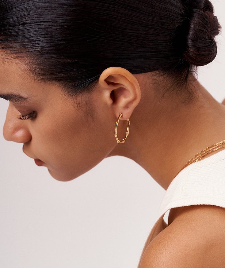 Gold Bamboo Hoop Earrings, 18K Gold Plated Vermeil on Sterling Silver Medium Open Hoops for Women | MaiaMina