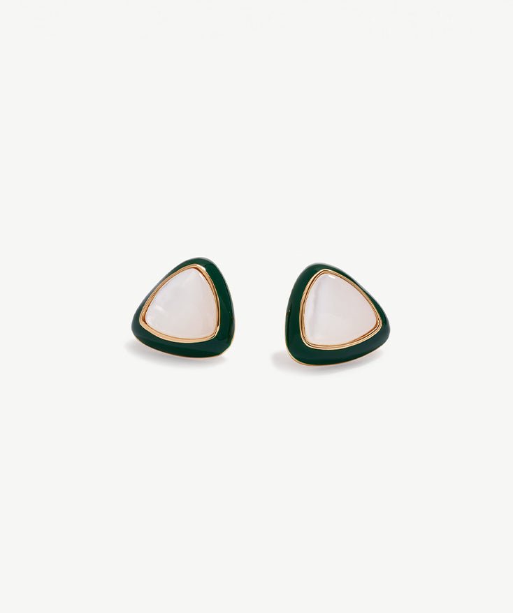 Gold-Tone Green Enamel Triangle Stud with Mother of Pearl Stone Accent Earrings - 18K Gold Vermeil | MaiaMina 