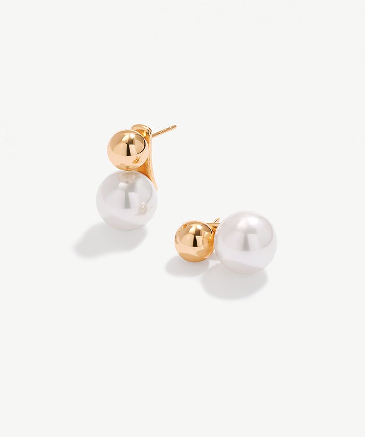 Two Tone Double Balls Pearl Bead Drop Earrings, 18K Gold Plated 925 Sterling Silver Dangle Earrings | MaiaMina