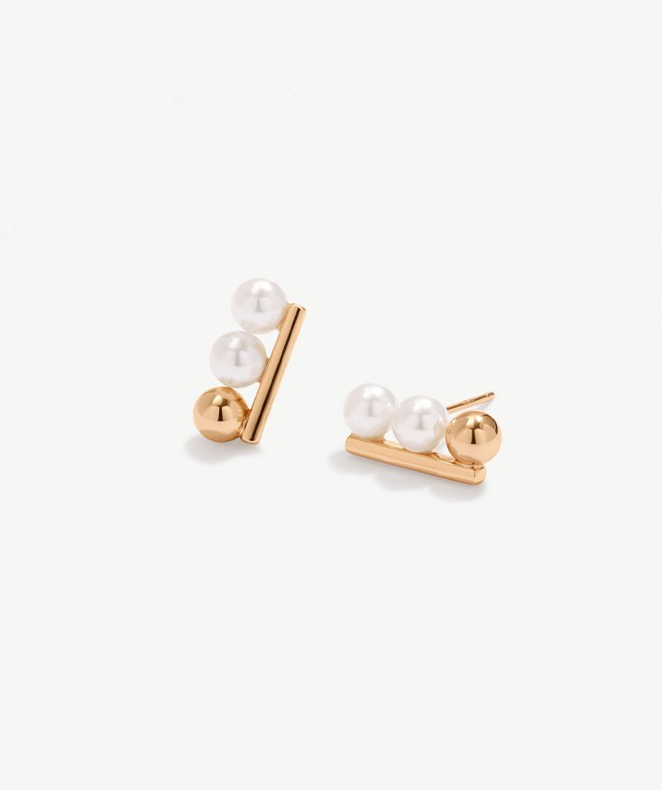 18K Gold Pearl Triple Bead Stud Earrings, Geometric Shape Mini Bar S925 Sterling Silver Earrings for Women | MaiaMina